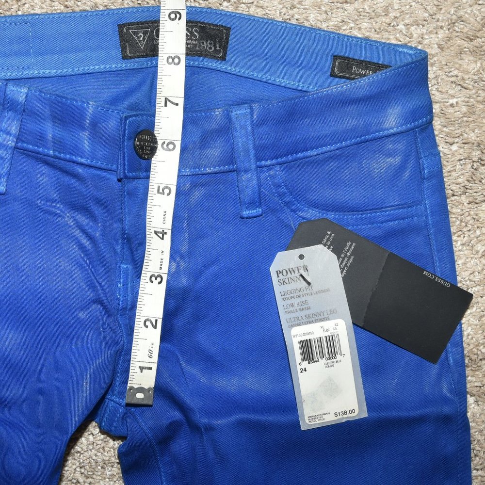 Guess Power Skinny wax coated low-rise bright blue shiny skinny pants sz 24, NWT - Picture 4 of 5